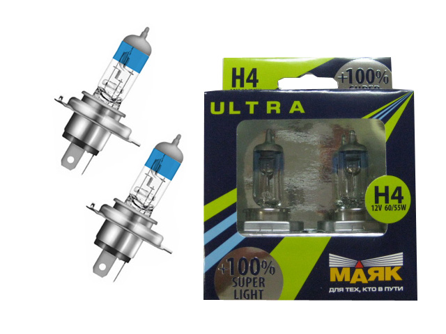 Лампа МАЯК-Ультра H4 12V 60/55W P43t ULTRA SUPER LIGHT+100% (82420SL+100)